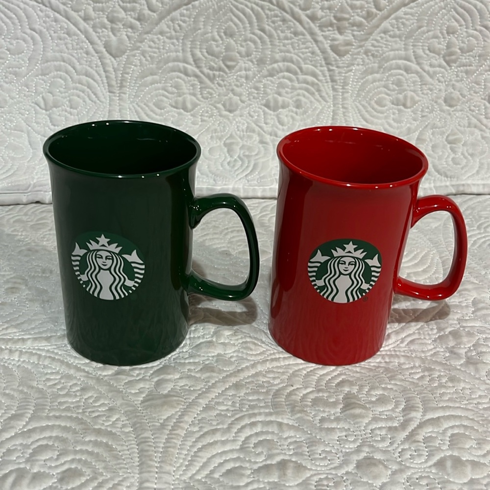 Starbucks 11 oz red and green mugs